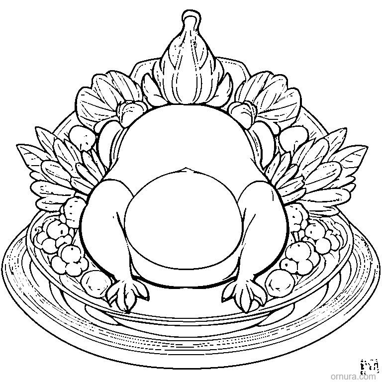 roasted turkey on a platter coloring page - free printable black and white line art for kids and adults