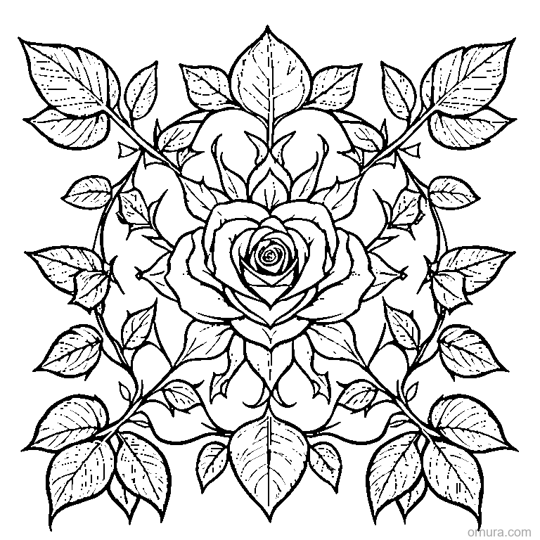 rose with leaves coloring page - free printable black and white line art for kids and adults