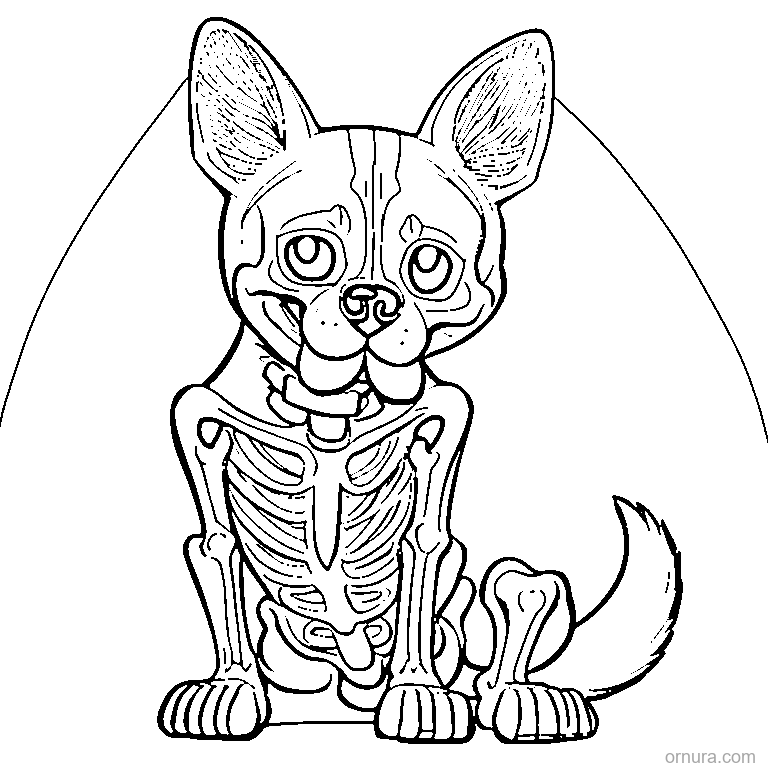 skeleton dog with a bone coloring page - free printable black and white line art for kids and adults
