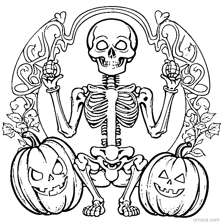 skeleton holding a pumpkin coloring page - free printable black and white line art for kids and adults