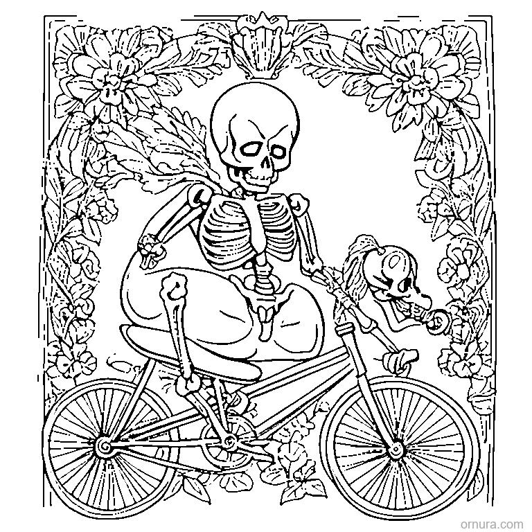skeleton riding a bicycle coloring page - free printable black and white line art for kids and adults