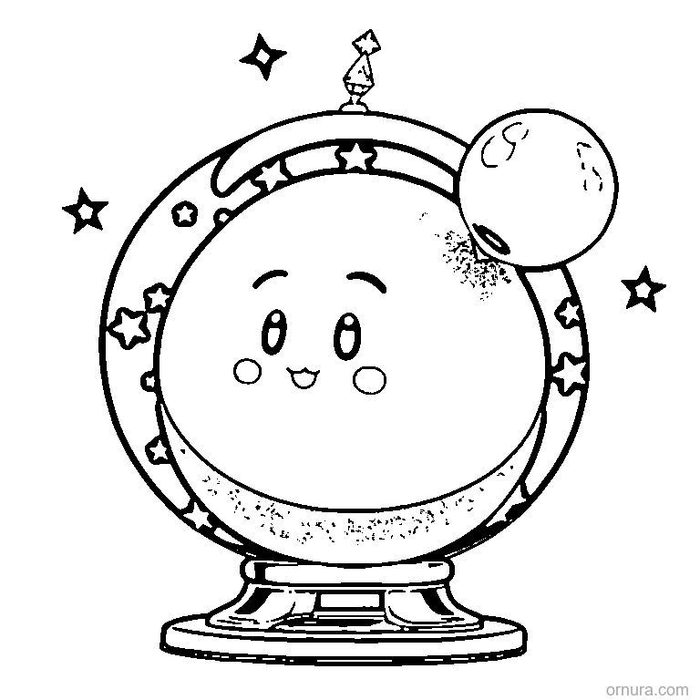 smiling crystal ball with stars coloring page - free printable black and white line art for kids and adults