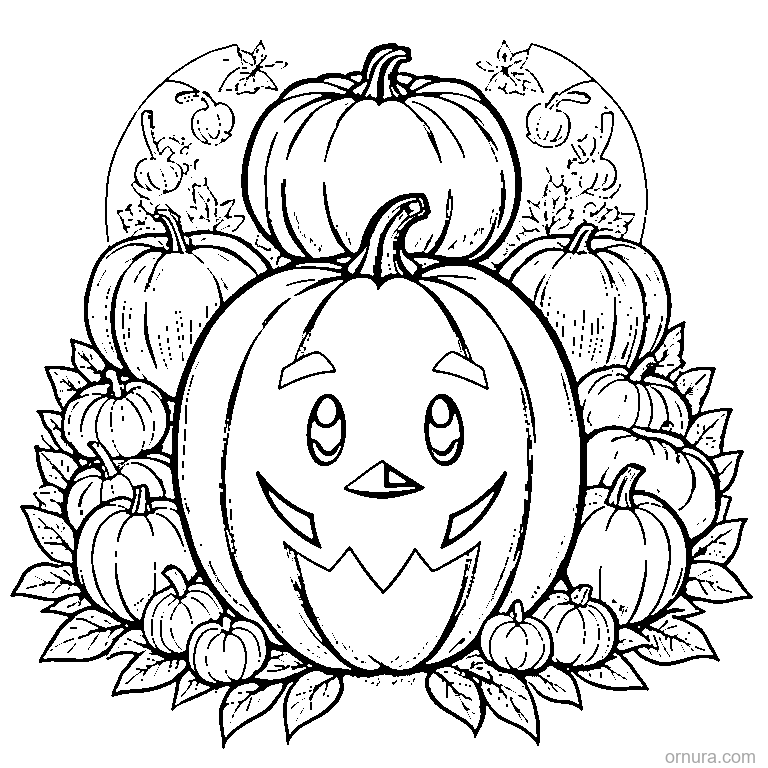smiling pumpkin with autumn leaves coloring page - free printable black and white line art for kids and adults