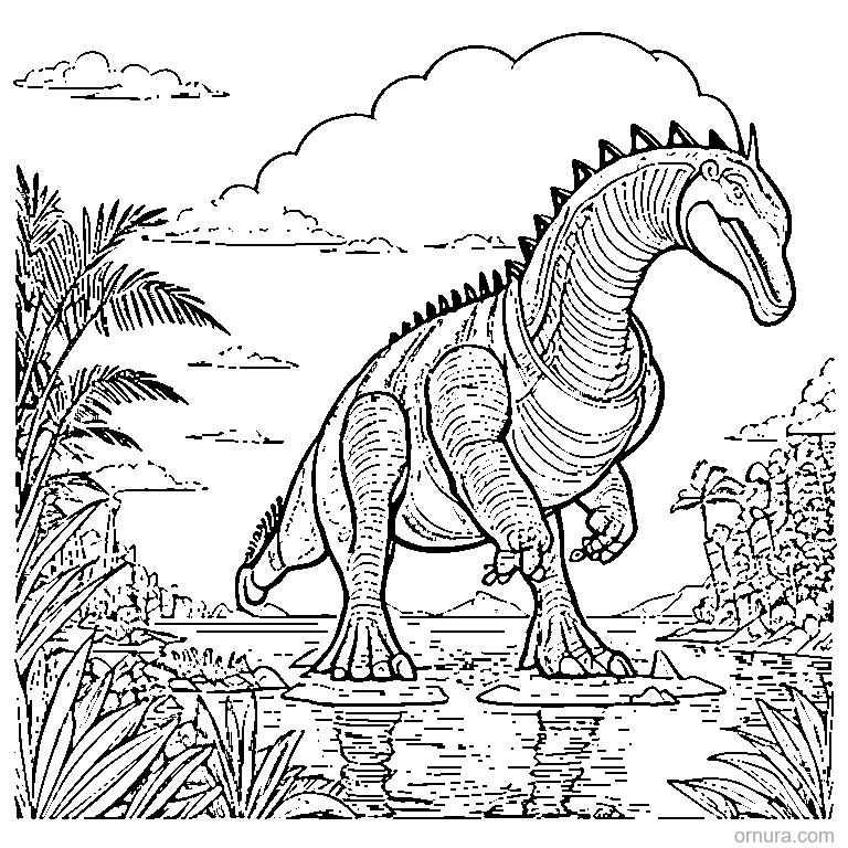 spinosaurus standing by a river coloring page - free printable black and white line art for kids and adults