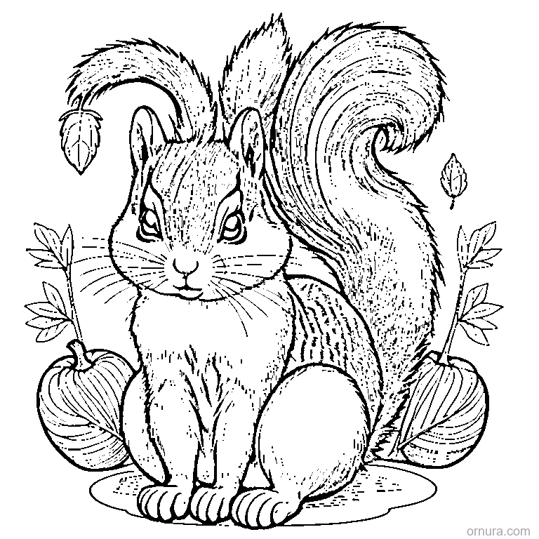 squirrel holding an acorn coloring page - free printable black and white line art for kids and adults