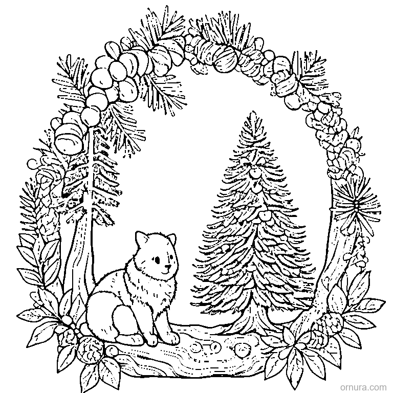 squirrel sitting under pine trees coloring page - free printable black and white line art for kids and adults
