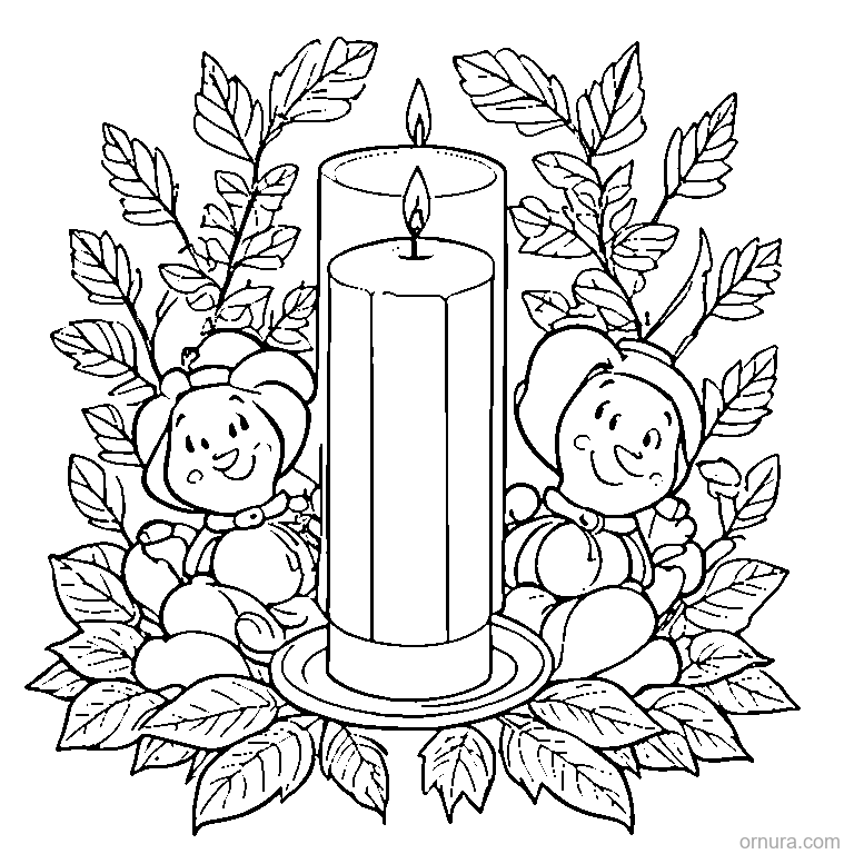 thanksgiving candle with autumn leaves and kids coloring page - free printable black and white line art for kids and adults