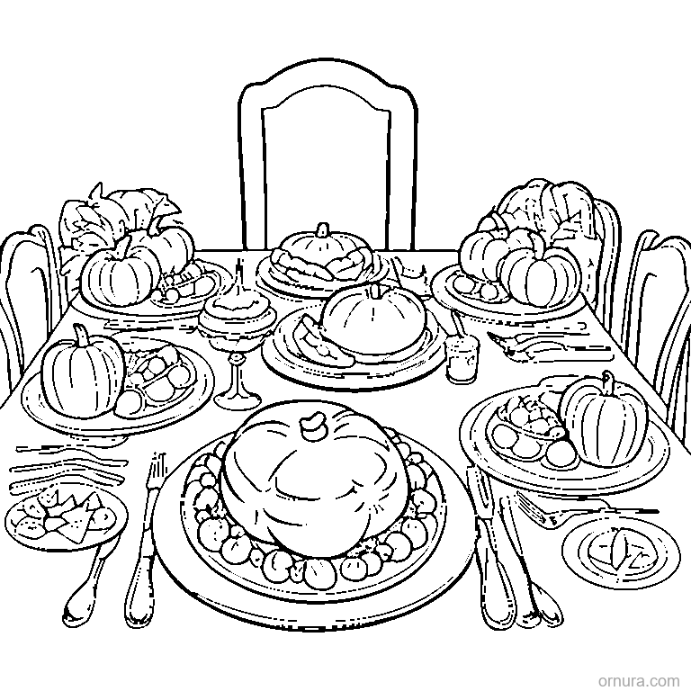 thanksgiving dinner table with turkey and pies coloring page - free printable black and white line art for kids and adults