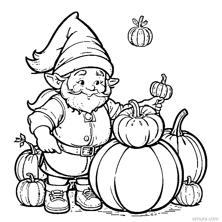 thanksgiving gnome holding a pumpkin coloring page - free printable black and white line art for kids and adults