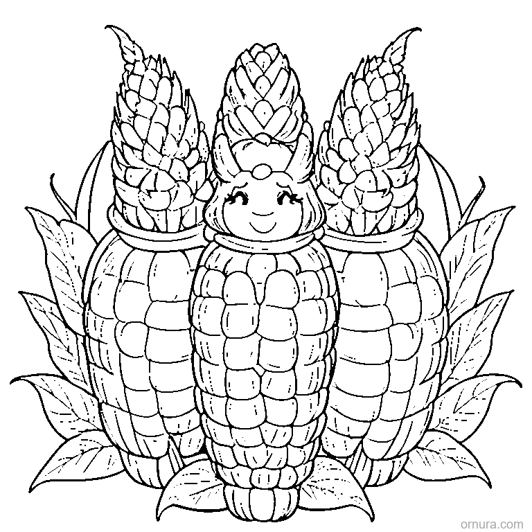 three happy corn cobs coloring page - free printable black and white line art for kids and adults