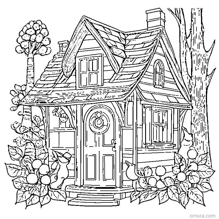tiny autumn cottage with pumpkins coloring page - free printable black and white line art for kids and adults