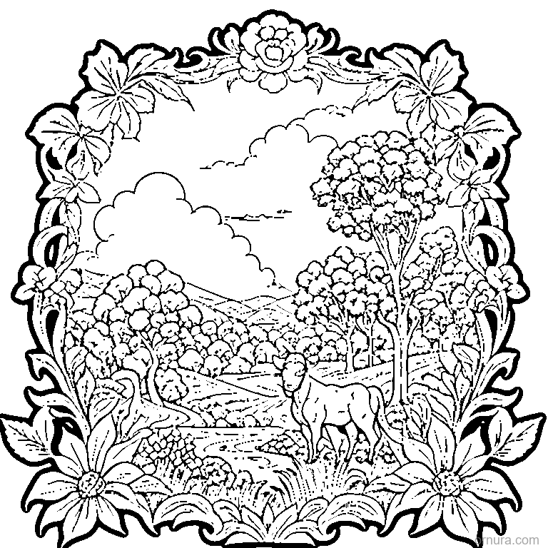 toile de jouy pattern pastoral coloring page - free printable black and white line art for kids and adults