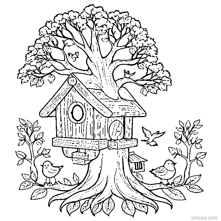 tree with a birdhouse and birds coloring page - free printable black and white line art for kids and adults