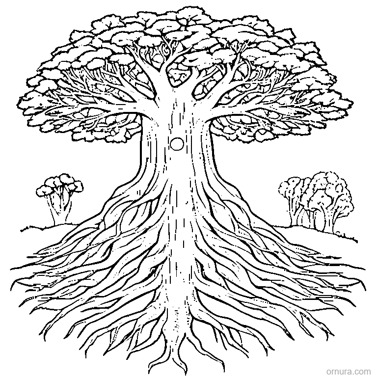 tree with roots underground coloring page - free printable black and white line art for kids and adults
