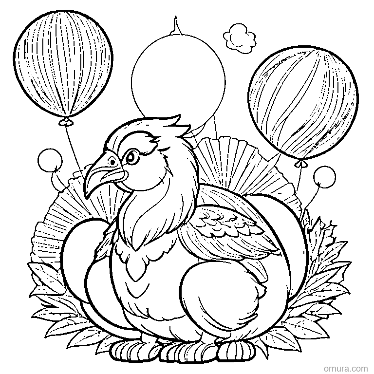 turkey chick with balloons coloring page - free printable black and white line art for kids and adults
