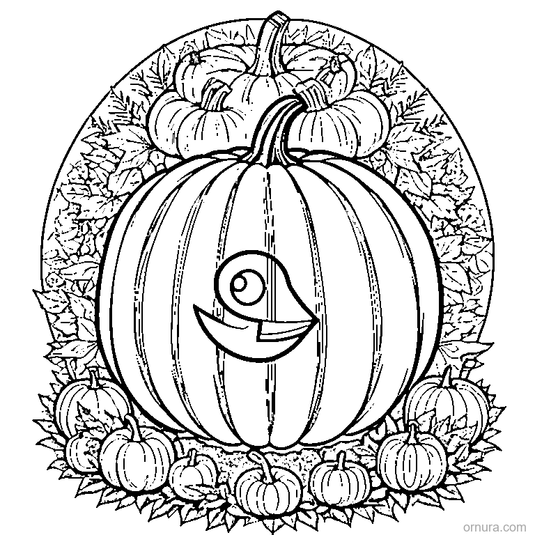 turkey hiding behind a pumpkin coloring page - free printable black and white line art for kids and adults