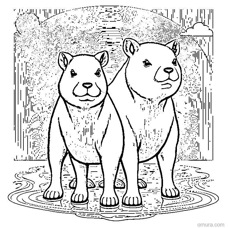 two capybaras standing side by side coloring page - free printable black and white line art for kids and adults