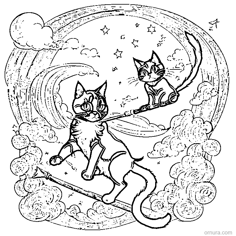 two cats flying on witch brooms coloring page - free printable black and white line art for kids and adults