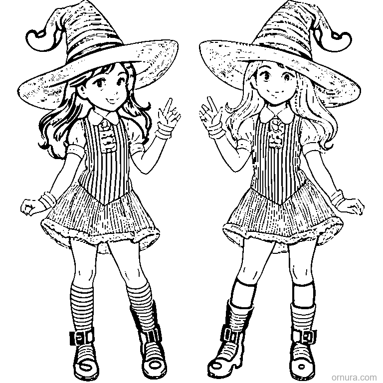 two little witches standing side by side coloring page - free printable black and white line art for kids and adults