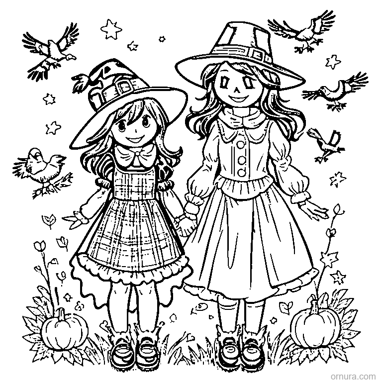 two pilgrim girls with autumn leaves coloring page - free printable black and white line art for kids and adults