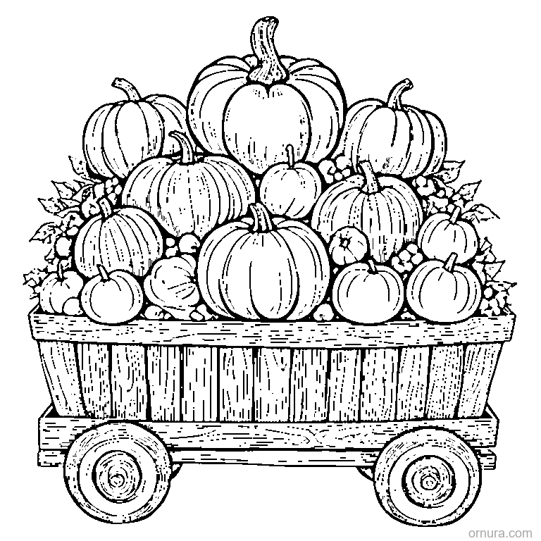 wagon full of pumpkins coloring page - free printable black and white line art for kids and adults