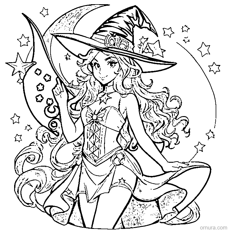 witch sitting on a crescent moon coloring page - free printable black and white line art for kids and adults