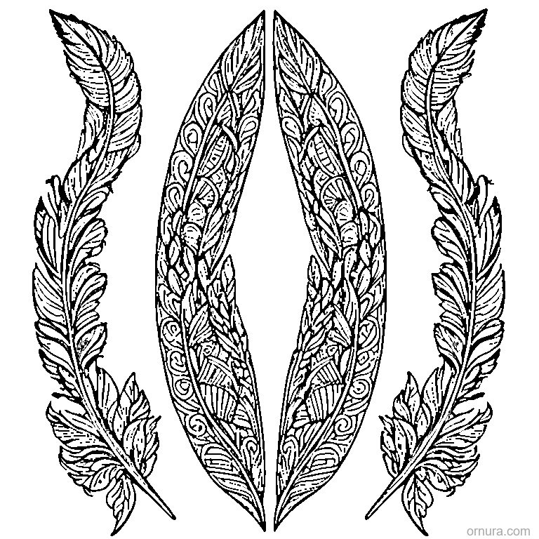 zentangle feather motifs template coloring page - free printable black and white line art for kids and adults