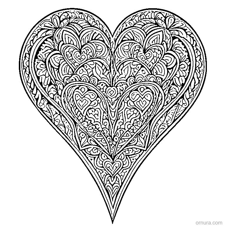 zentangle heart shapes design coloring page - free printable black and white line art for kids and adults