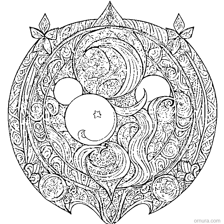 zentangle moon and stars coloring page - free printable black and white line art for kids and adults