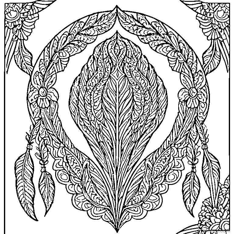 zentangle pattern with feather motifs coloring page - free printable black and white line art for kids and adults
