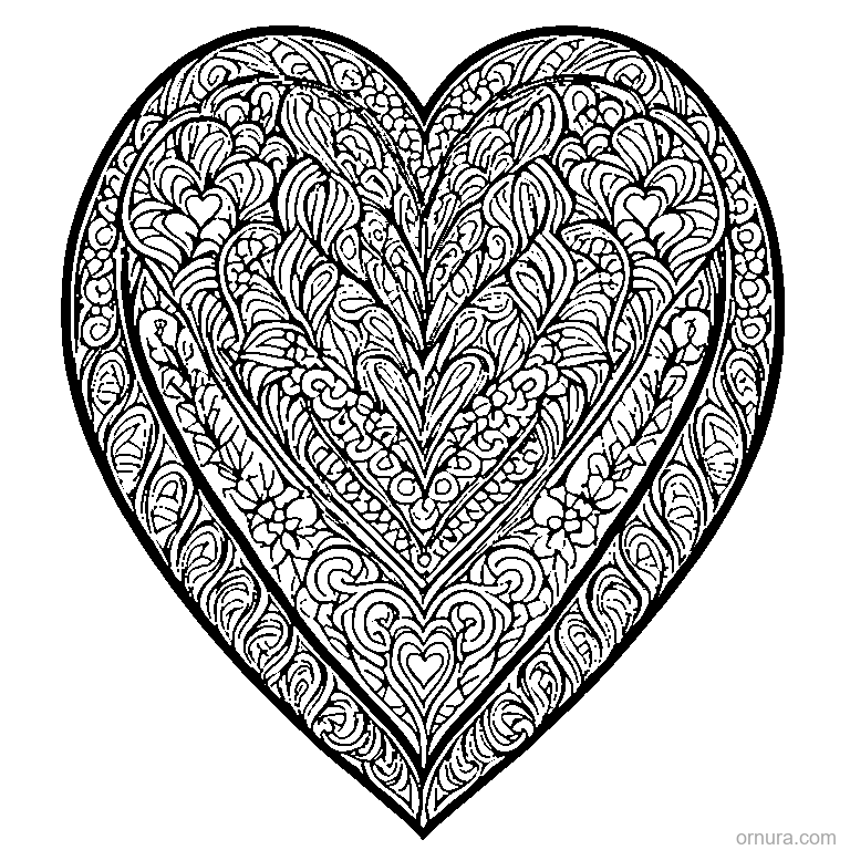 zentangle pattern with heart shapes coloring page - free printable black and white line art for kids and adults