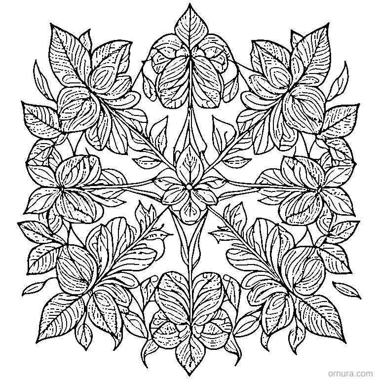 zentangle pattern with repeating leaves coloring page - free printable black and white line art for kids and adults