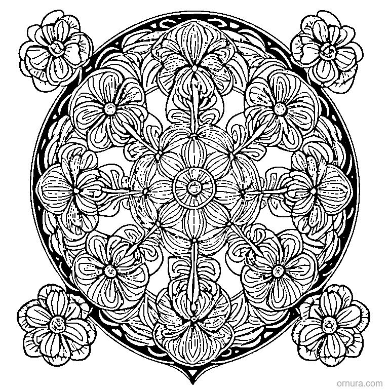 zentangle pattern with spiral flowers coloring page - free printable black and white line art for kids and adults