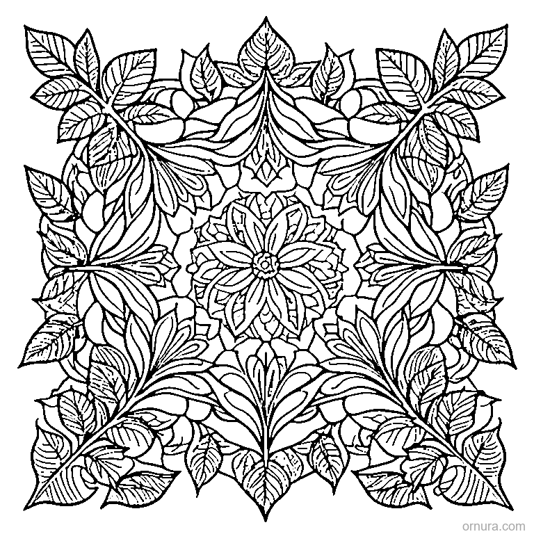 zentangle repeating leaves design coloring page - free printable black and white line art for kids and adults