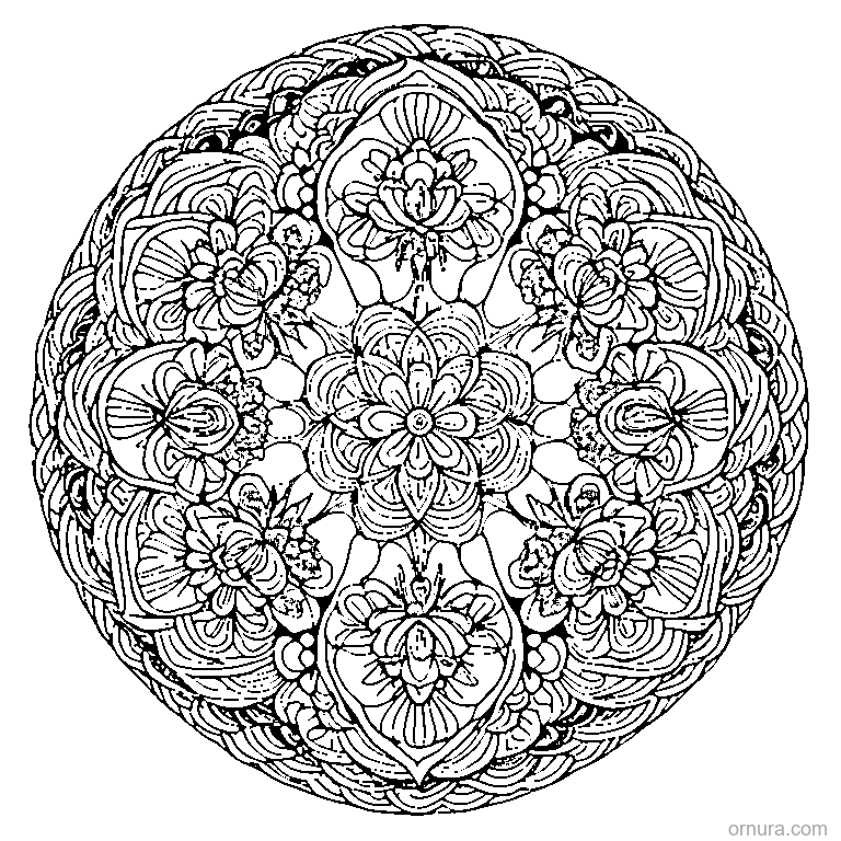 zentangle spiral flowers design coloring page - free printable black and white line art for kids and adults