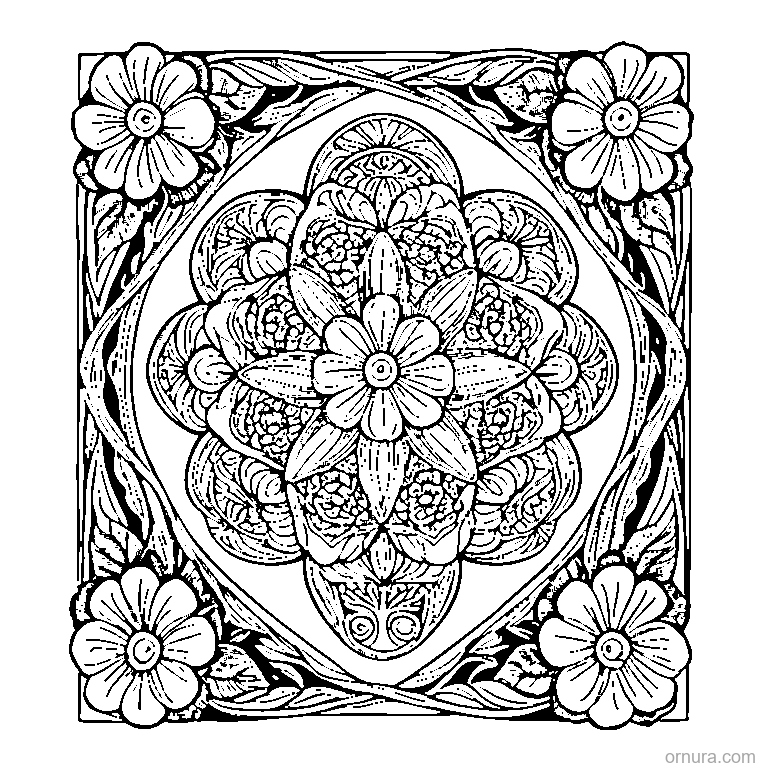 zentangle spiral flowers template coloring page - free printable black and white line art for kids and adults