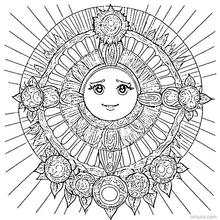zentangle sun with rays coloring page - free printable black and white line art for kids and adults
