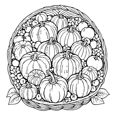 Basket Of Gourds And Mini Pumpkins coloring page - free printable