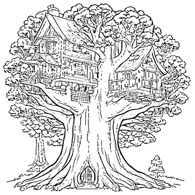 big tree with a treehouse coloring pages