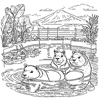 Capybara Relaxing In A Hot Spring coloring page - free printable