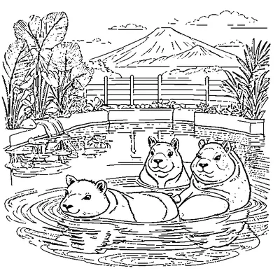 Capybara Relaxing In A Hot Spring coloring page - free printable