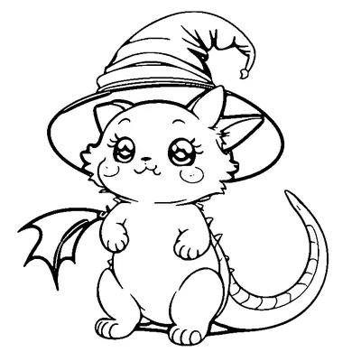 Cat With Bat Wings And A Witch Hat coloring page - free printable
