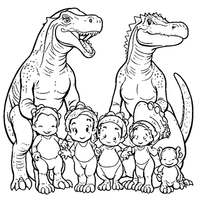 cute dinosaur family with three babies coloring pages