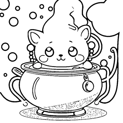 Cute Kitten In A Cauldron coloring page - free printable