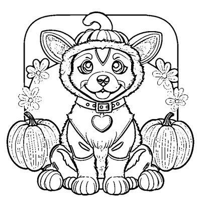 Cute Puppy With Two Pumpkins coloring page - free printable