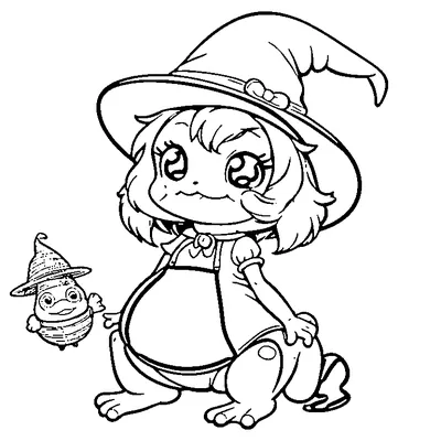 Cute Witch Frog With A Tiny Friend coloring page - free printable