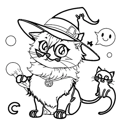 Easy Black Cat With Witch Hat coloring page - free printable