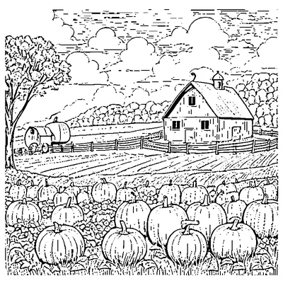 Fall Barn With Hay Bales And Pumpkins coloring page - free printable