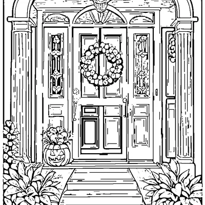 Front Door With A Halloween Wreath coloring page - free printable