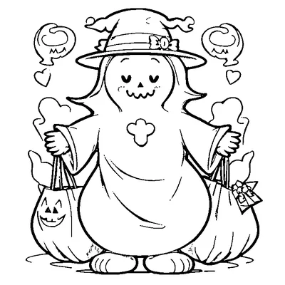 Ghost In A Witch Hat Carrying Candy Bags coloring page - free printable